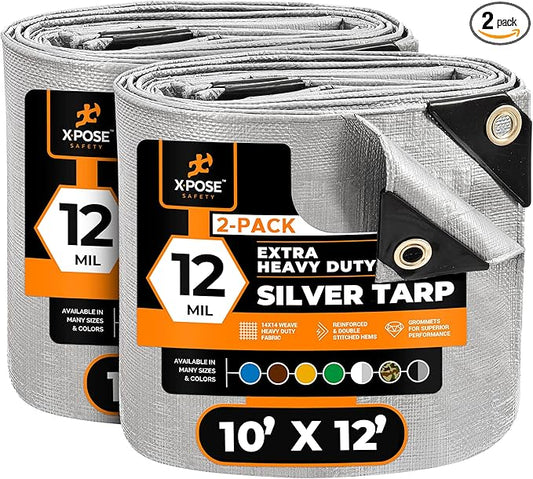 Heavy Duty Silver Poly Tarp 10' X 12' (2-Pack) - Multipurpose Protective Cover - Durable, Waterproof, Weather Proof, Rip and Tear Resistant - Extra Thick 12 Mil Polyethylene - by Xpose Safety
