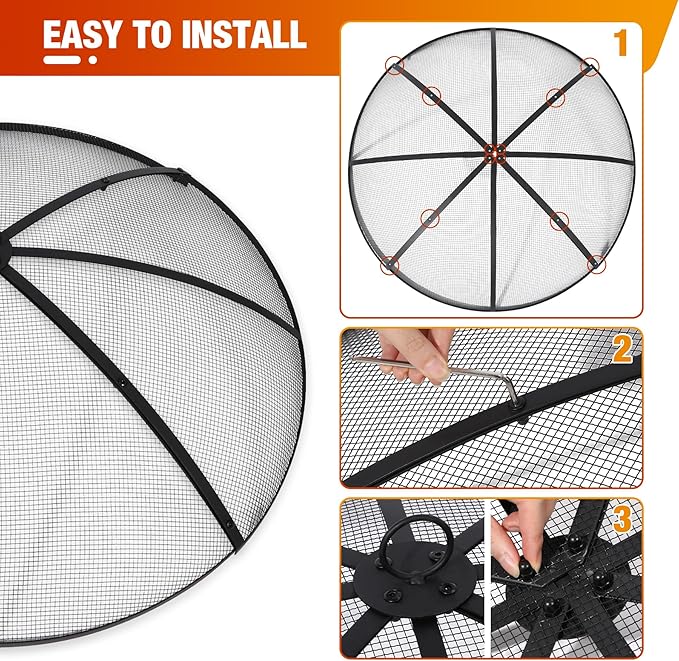 Lineslife Fire Pit Screen 36 Inch Round, Heavy Duty fire pit spark screen with Handle & Poker, Outdoor Firepit Screen Mesh Cover, Collapsible Metal Fire Pit Lid Top for Patio Backyard Beach RV Camping