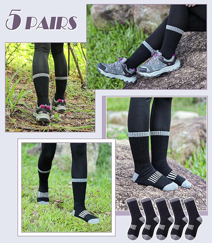 DYW Womens Merino Wool Hiking Socks Thermal Warm Winter Boot Crew Socks Cushion Work Walking Gift Socks 5 Pairs