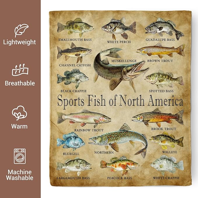Fishing Gifts for Men Women, Fish Decor Blanket, Fishing Accessories Soft Throw Blanket for Couch Sofa Bed 60" X 50"