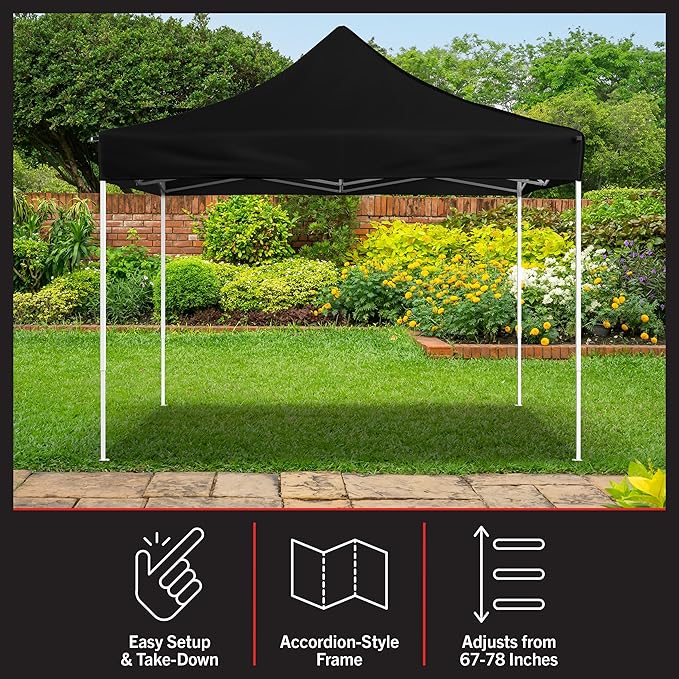 Pop Up Canopy - 10x10 ft Canopy Tent - UPF30 Beach Tent Sun Shelter - Adjustable Height EZ Up Canopy with Bag - Tents for Parties by Stalwart (Black)