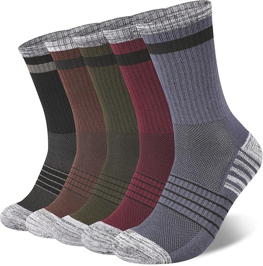 COOVAN Mens Hiking Crew Socks 5 Pairs Moisture Wicking Cushioned Athletic Boot Outdoor Socks