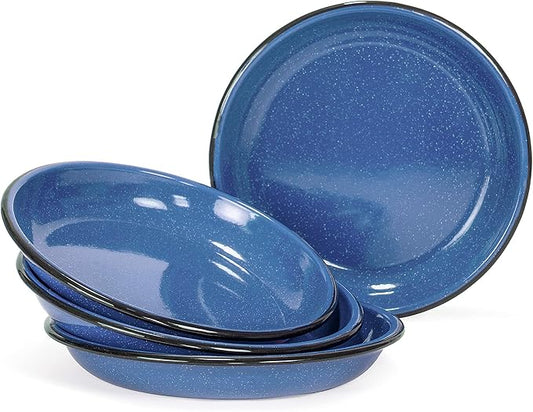Red Co. Set of 4 Enamelware Metal 10” Round Camping Plates, White-Speckled Blue/Black Rim