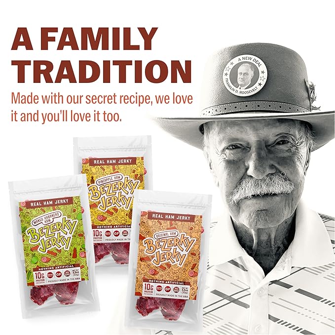 Old Fashioned Real Ham Jerky | Keto Gift Box | Dry Texture | No Nitrates | Pork Jerky | Small Batch Handcrafted | High Protein Snack | Authentic American | Gift For Dad | Bezerky Jerky | 6 Bags