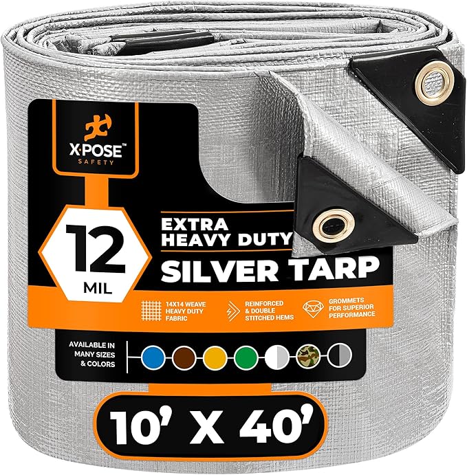 Heavy Duty Silver Poly Tarp 10' X 40' - Multipurpose Protective Cover - Durable, Waterproof, Weather Proof, Rip and Tear Resistant - Extra Thick 12 Mil Polyethylene - by Xpose Safety