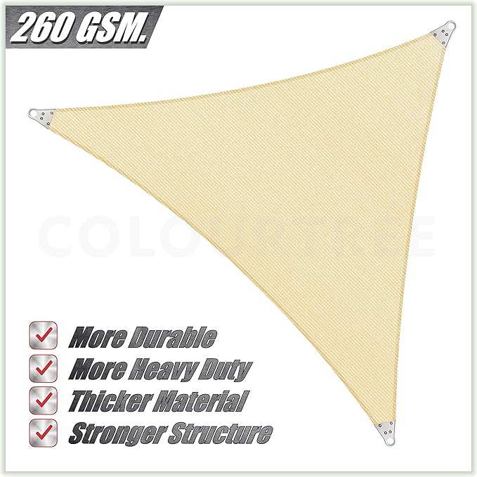 ColourTree Super Ring 16' x 16' x 16' Beige Triangle Sun Shade Sail, Commercial Grade UPF50 Canopy, Reinforced Corners & Edges, 260 GSM Fabric Heavy Duty -3 Years Warranty (We Make Custom Size)