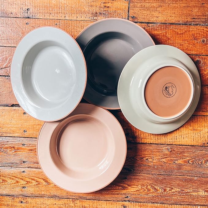 Mora Ceramic Wide Rimmed Soup Bowl 25oz, Set of 4 - For Pasta, Italian, Spaghetti, Dipping Bread, Fancy Dinner etc. Large Plate/Bowls Hybrid For Everyday & Restaurant Use, Flat Rim - Assorted Neutrals