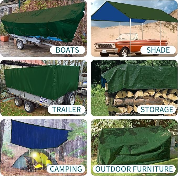 TARPAL 10x20 Feet Green Tarp Waterproof Multipurpose Protective Cover All Purpose Outdoor Poly Tarps Cover for Shed, Camping, Farm,Firewood, Boat,Outdoor Furniture, Roof Waterproofing