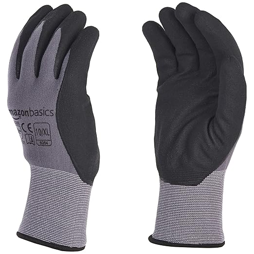 Amazon Basics Micro-Foam Nitrile Coated Work Gloves, Nylon Liner Fiber, Touch Screen, Grey, Size 10/XL, 12-Pair