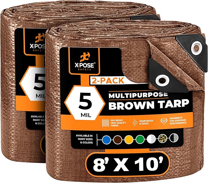 Multipurpose Protective Cover Brown Poly Tarp 8' x 10' (2-Pack) - Durable, Water Resistant, Weather Resistant - 5 Mil Thick Polyethylene - by Xpose Safety