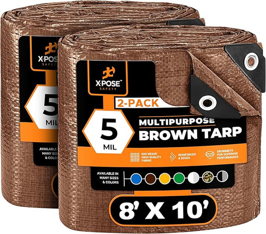 Multipurpose Protective Cover Brown Poly Tarp 8' x 10' (2-Pack) - Durable, Water Resistant, Weather Resistant - 5 Mil Thick Polyethylene - by Xpose Safety