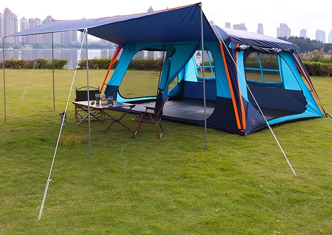 KTT Extra Large Tent 12 Person(A),Awning Family Cabin Tents,2 Rooms,3 Doors and 3 Windows with Mesh,Straight Wall,Waterproof,Double Layer,Big Tent for Outdoor,Picnic,Camping,Family Gathering。