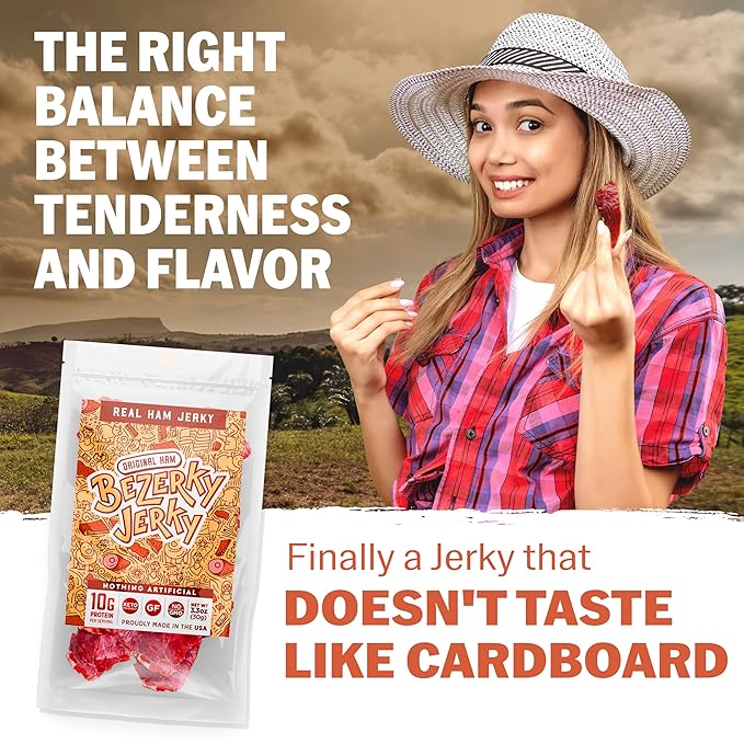 Bezerky Jerky Authentic American Ham, Keto-Friendly, Made with Premium Meat, Pineapple Jerky, All-Natural, Non-GMO & Gluten-Free, On the Go High Protein Snack, 3.3 Oz (Pack of 6)