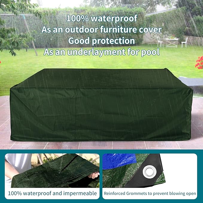 TARPAL 15x15 Feet Green Tarp Waterproof Multipurpose Protective Cover All Purpose Poly Tarps Cover for Pool, Outdoor Furniture, Camping, Firewood, Boat,Roof Waterproofing