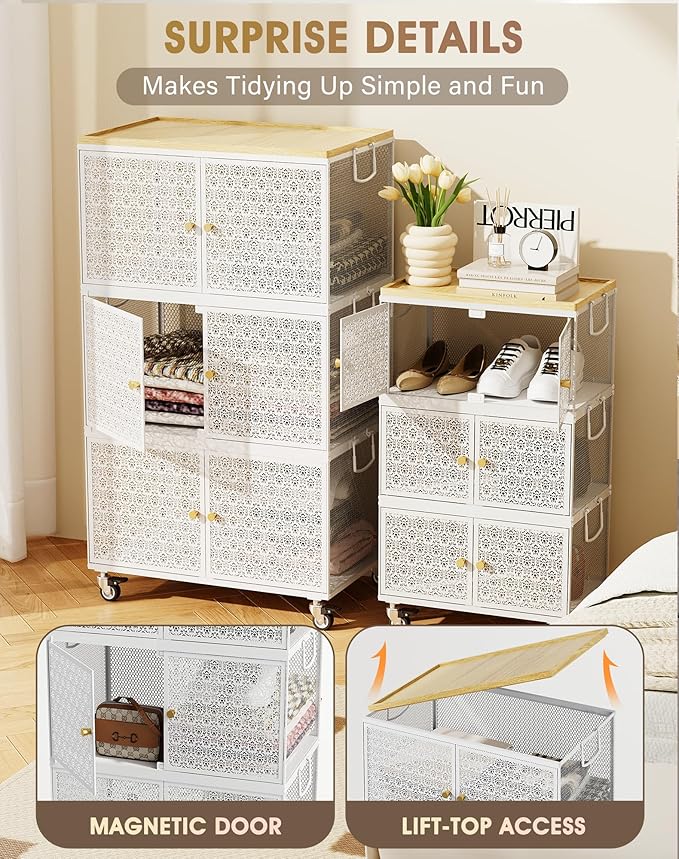 3 Tier Metal Storage Bins and Boxes Organizer, Magnetic Doors & 360°Swivel Lockable Wheels, Easy,labor-Saving, Ocean Life Cutout Pattern, Eco-Aesthetic for Living Room,Bedroom,bathroom,kitchen