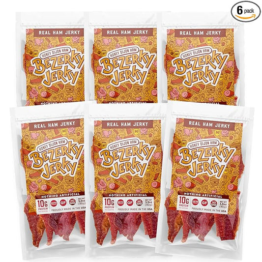 Premium Ham Jerky | Honey Dijon | Camping Food | Backpacking Snacks | Low Fat High Protein Ham Meat | Gluten-Free | Non-GMO | No Nitrates | Healthy American Bezerky Jerky | 6 Pack