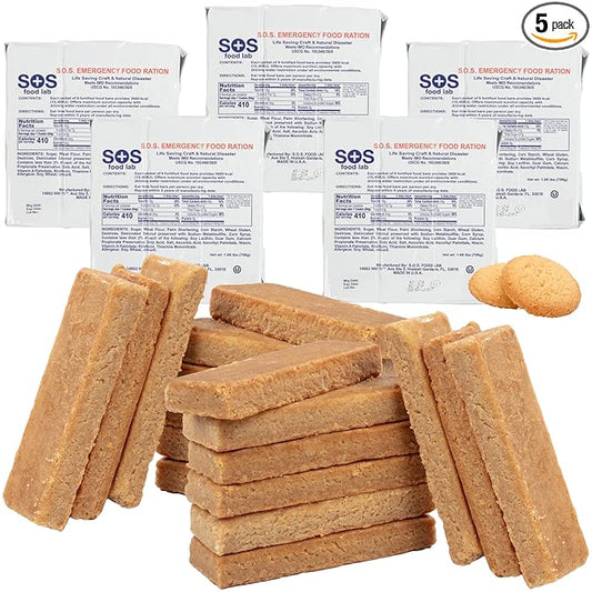SOS Food Lab Emergency Food Bar - 3600 Calorie Ration (5 Pack Shortbread Cookie) - 3 Day/72 Hour Ready to Eat Supply for Camping, Hiking, Disaster Preparedness - 5 Year Shelf Life Energy Survival Food
