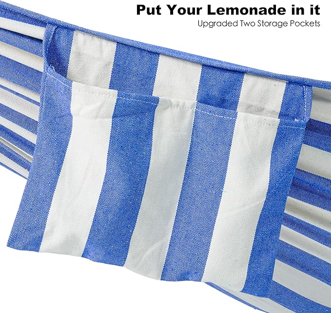 Double Hammock with Stand for Outside, Upgraded Spreader Bar, Heavy Duty Space Saving Steel Stand 2 Person, Convenient Pockets, 600lbs Weight Capacity, Indoor & Outdoor (Blue & White)