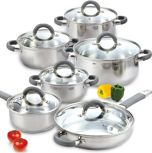 Cook N Home Kitchen Cookware Set, 12-Piece Basics Stainless Steel Pots and Pans Set with Gray Silicone Handle, Silver