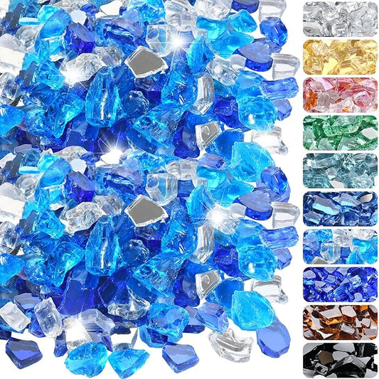 10 Pounds Fire Glass 1/2 Inch High Reflective Tempered Firepit Glass Rocks for Fireplace, Fire Pit Table, Fire Bowl and Landscaping (Cobalt Blue, Oceanic Blue and Crystal Clear)