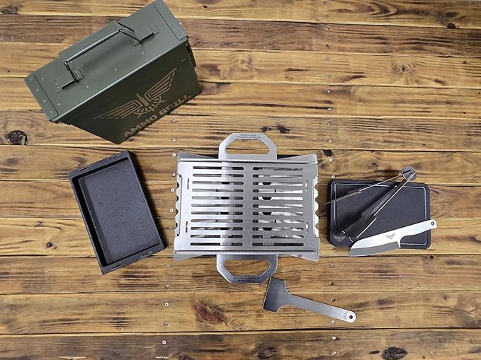 Ammo Can Grill – Field Cook Set | Portable Charcoal Grill Kit with 1" Cast Iron Pan, Cutting Board, Knife & Tongs | Fits in Ammo Can | Great for Camping, Tailgating, Outdoors