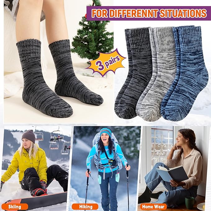 Women Heated Socks Ski Winter Thermal Hiking Snowboarding Thick Boot Insulated Socks 3 Pairs
