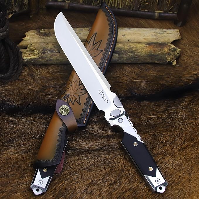 BA-KOR 14.3 inch All-Tang 9CR18MOV Hunting Survival knife + sheath,&（5.9in） Drilled Flint Fire Starter ， stainless steel +G10 handle camping knife, multi-purpose EDC tool knife ﻿
