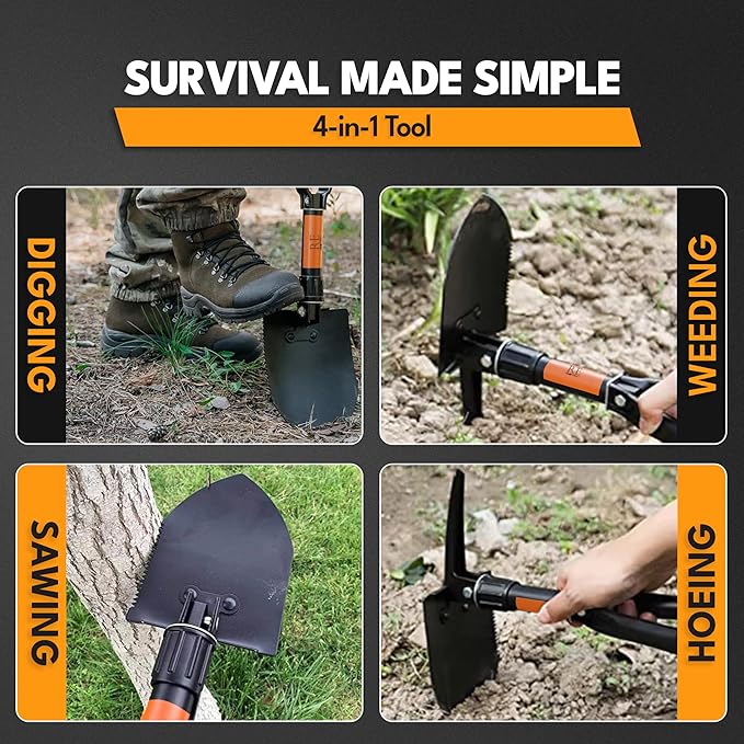 Folding Shovel, 18" Survival Shovel, Backpack Hiking Shovel, Military Grade Carbon Steel with Saw Edge, Collapsible with Carry Case