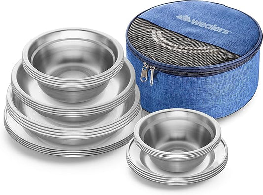 Wealers Stainless Steel Plates and Bowls Camping Set Small and Large Dinnerware for Kids, Adults, Family | Camping, Hiking, Beach, Outdoor Use | Incl. Travel Bag (24 Piece Set)