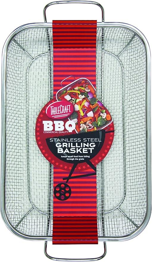 TableCraft BBQ Rectangular Grilling Basket with Handle, Silver, Medium