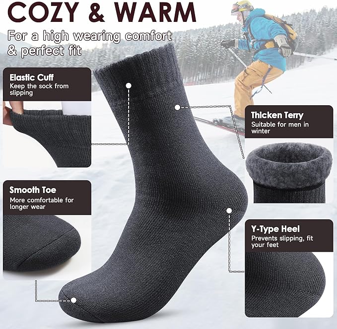 Reamphy 3 Pairs Thermal Socks for Men 6-13, Thick Warm Winter Outdoors Hiking Socks Mens