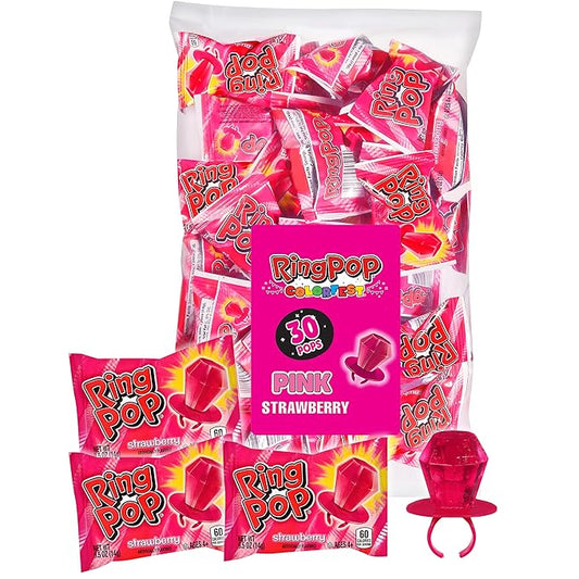 Ring Pop Individually Wrapped Pink Halloween Candy, Strawberry 30 Ct Lollipop Bulk, Lollipop Suckers for Kids, Fun Candy Bulk for Gender Reveal, Trick or Treat, Halloween Bowls, Gifts, Party Favors
