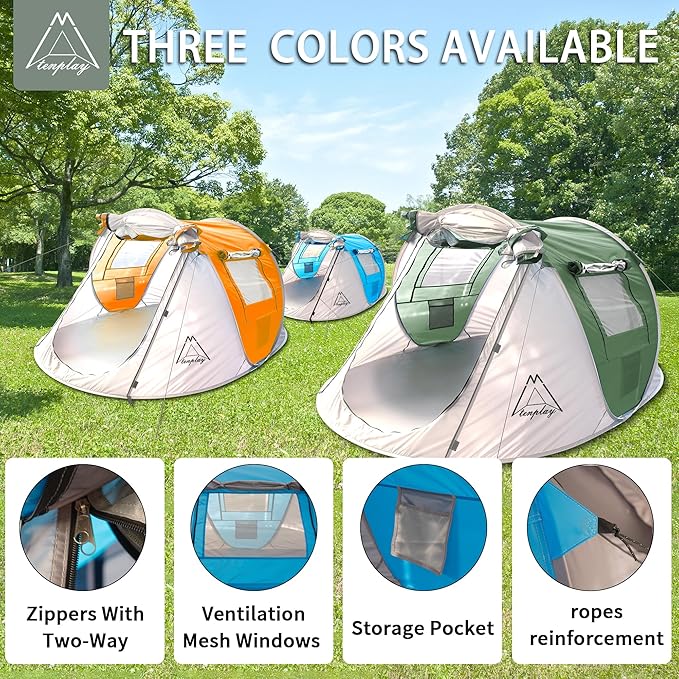 TENPLAY Pop Up Tent,2 People,190T Polyester,Waterproof2000mm,PU Coating,Automatic Setup,2Door,UV Protection,Lightweight,Portable Tent for Hiking,Picnic,Camping