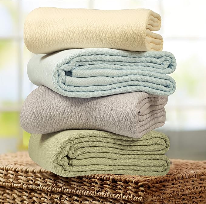 Threadmill Luxury Cotton Blankets for Queen Size Bed | All-Season 100% Cotton Queen Size Blanket | Herringbone Cozy, Soft Breathable Fall Thermal Blanket fits Full Size Bed | English Rose