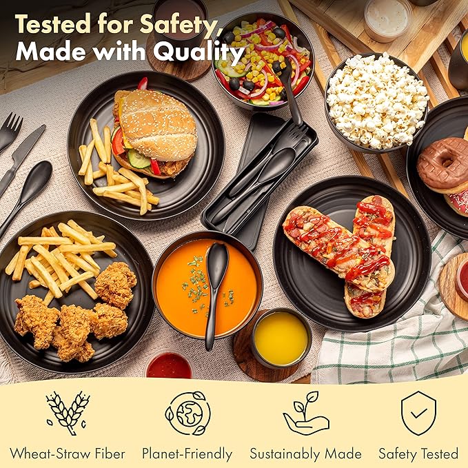 FOODLE Wheat Straw Dinnerware Set - BPA Free - Unbreakable, Microwave & Dishwasher Safe- Alternative to Plastic Dishes - Perfect for Outdoor, RV, Dorm - Camping Plates Cups and Bowls Set - For 6