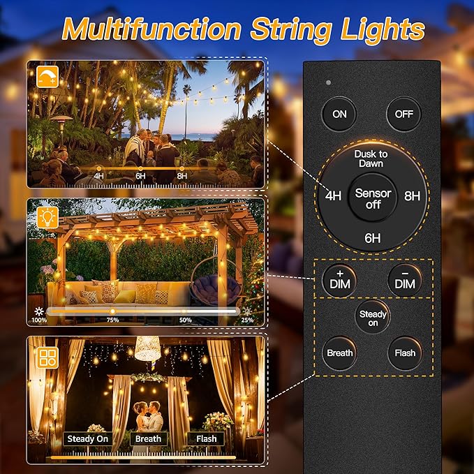 Ollny S11 100FT Outdoor String Lights with Remote, Plug in Waterproof Connectable 3 Modes Dimmable Timers Patio Lights with 48+2 LED Spare Bulbs, Dusk to Dawn Outdoor Light for Outside Bistro Yard