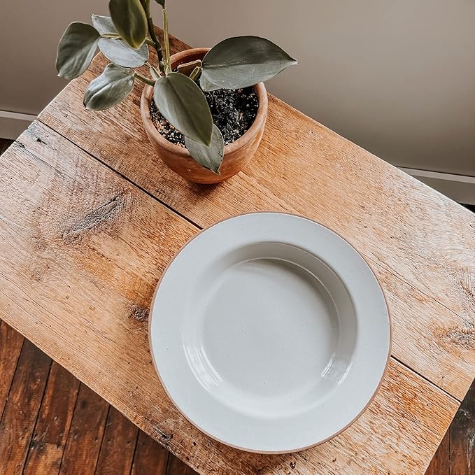 MORA Ceramic Wide Rimmed Soup Bowl 25oz, Set of 4 - For Pasta, Italian, Spaghetti, Dipping Bread, Fancy Dinner etc. Large Plate/Bowls Hybrid For Everyday & Restaurant Use, Large Flat Rim - Earl Grey