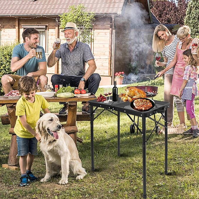 Small Folding Grill Table for Outside, 3 Heights Adjustable Lightweight Portable Metal Outdoor Grill Table for Camping Picnic Cooking BBQ, Black