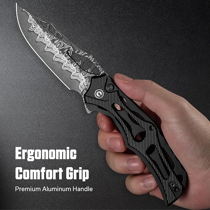 CIVIVI Biophase Pocket Folding Knife for Men, 3.48" Damascus Blade Aluminum Handle, Lightweight Skeletonized Flipper Knife for Tactical Survival C23083-DS1 (Black)