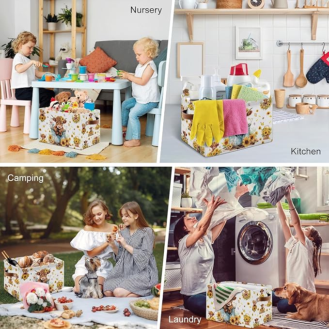 Highland Cow Rectangle Storage Basket - Highland Cow Themed Collection Collapsible Storage Baskets with Handles - Cute Cows Pattern Storages Bin for Kids Clothes, Gifts, Books,Toys