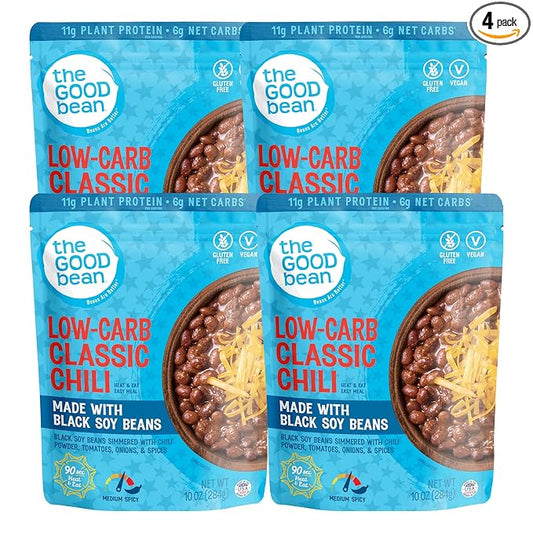 The Good Bean Heat and Eat Pouch - Low-Carb Classic Chili - (4 Pack) 10 oz Pouch - Simmered Black Soybeans with Chili Powder - Pre-Cooked Beans with Good Source of Plant Protein and Fiber