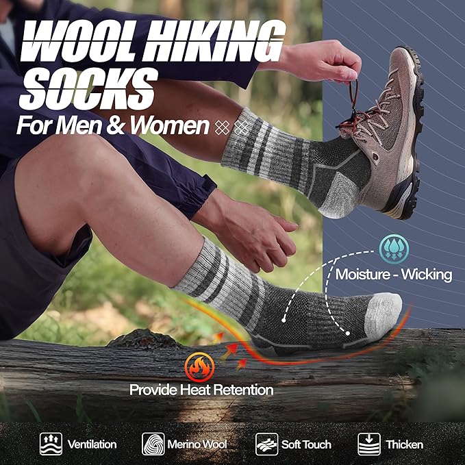 ANTSANG Merino Wool Hiking Socks for Men & Women 5 Pairs Thermal Warm Winter Thick Cushion Moisture Wicking Crew Boot Socks