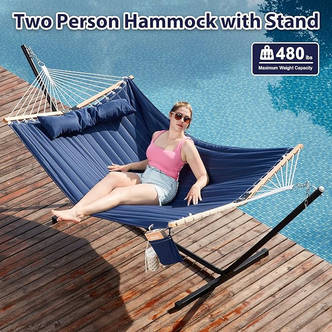 Two Person Hammock with Stand Heavy Duty, Outdoor Patio Hammock with Portable Steel Stand, Large Double Hammocks,480lbs Capacity.(Dark Blue)