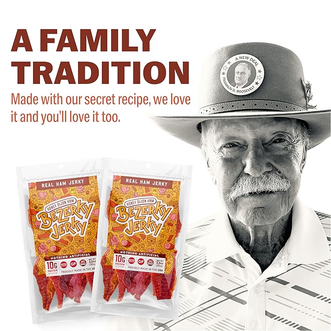 Premium Ham Jerky | Honey Dijon | Camping Food | Backpacking Snacks | Low Fat High Protein Ham Meat | Gluten-Free | Non-GMO | No Nitrates | Healthy American Bezerky Jerky | 6 Pack