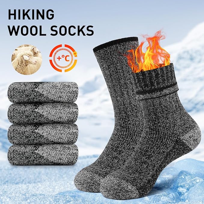 UUMIAER Merino Wool Socks for Men Hiking Thermal Warm Winter Crew Socks Thick Cushion Moisture Wicking Socks 5 Pairs