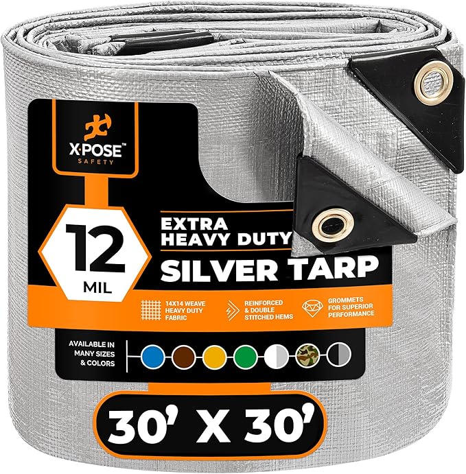 Heavy Duty Silver Poly Tarp 30' X 30' - Multipurpose Protective Cover - Durable, Waterproof, Weather Proof, Rip and Tear Resistant - Extra Thick 12 Mil Polyethylene - by Xpose Safety