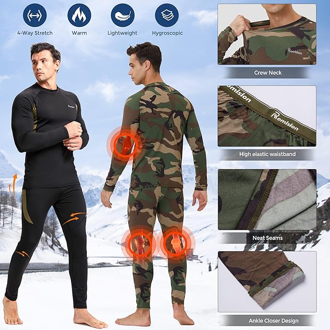 romision 2 Pack Thermal Underwear for Men Long Johns Fleece Lined Hunting Gear Bottom Top Set Base Layer Cold Weather XS-4XL
