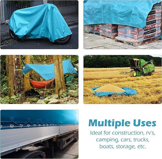 Tarps Heavy Duty Waterproof 12x16-12 mil Thick Camping Tent - Blue Tarp 12x16 UV Resistant, Rip & Tear Proof with Metal Grommets – Multipurpose Use for Camping, Tent, Boat, RV, Car, & Pool Cover