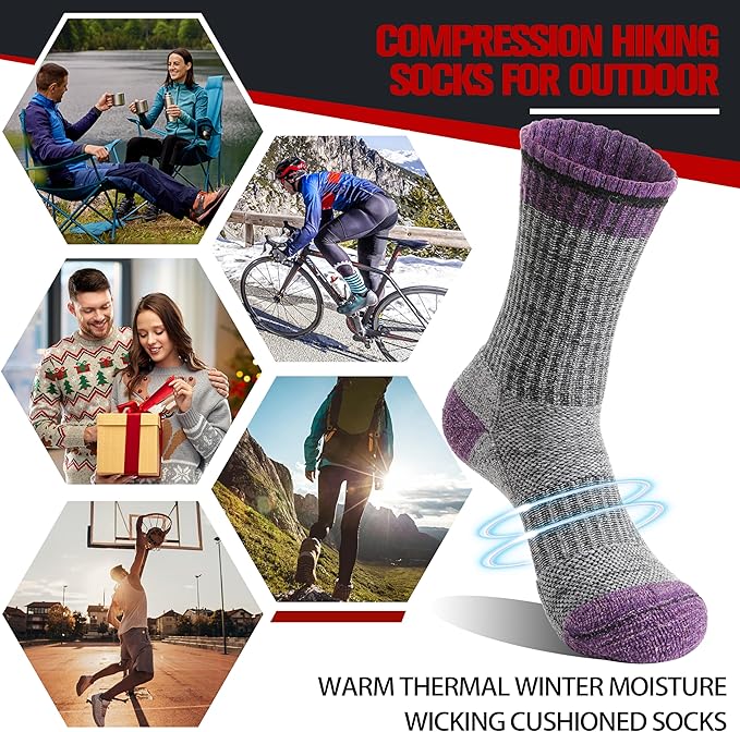 5 Pairs Merino Wool Hiking Socks Thermal Winter Warm Moisture Wicking Cushion Outdoor Socks for Women & Men