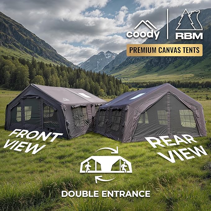 Coody | Rbm Outdoors Koala/Hub/Octopus Inflatable Tents for Camping with Stove Jack, 2/8/10 Person Luxury Canvas Blow Up Tent, 2 Room, Easy Setup Casa de Campaña, Large Inflatable House with Pump